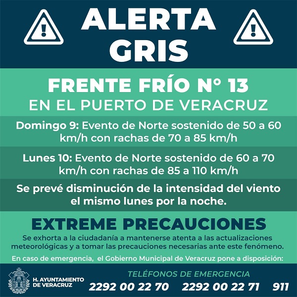ALERTA GRIS POR LA ENTRADA DE FRENTE FRÍO NO. 13 EN EL PUERTO DE VERACRUZ
