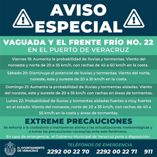 AVISO ESPECIAL POR VAGUADA Y EL FRENTE FRÍO NO. 22 EN EL PUERTO DE VERACRUZ