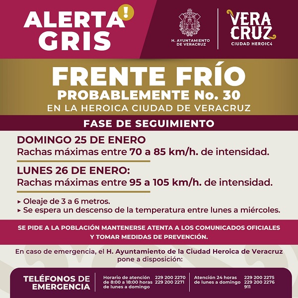 ALERTA GRIS POR EL FRENTE FRÍO (PROBABLE) NO. 30 EN LA CIUDAD DE VERACRUZ