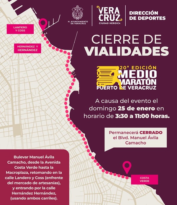 ANUNCIA H. AYUNTAMIENTO DE VERACRUZ CIERRE VIAL POR EVENTO DEPORTIVO ESTE DOMINGO 25 DE ENERO