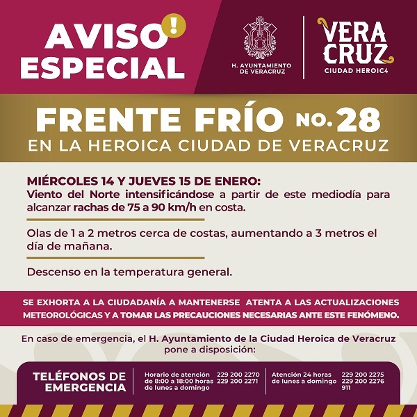  AVISO ESPECIAL POR EL FRENTE FRÍO NO. 28 EN LA CIUDAD DE VERACRUZ
