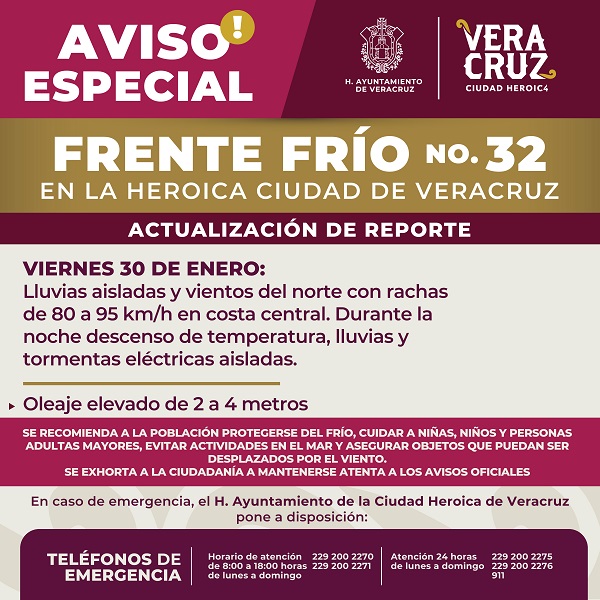 AVISO ESPECIAL POR INGRESO DE FRENTE FRÍO NO.32 LA NOCHE DE ESTE VIERNES EN LA CIUDAD DE VERACRUZ