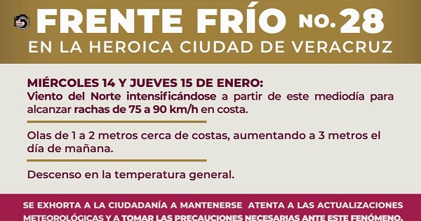 MANTIENE PC AVISO ESPECIAL POR VIENTO DEL NORTE POR FRENTE FRÍO 28 EN LA CIUDAD DE VERACRUZ