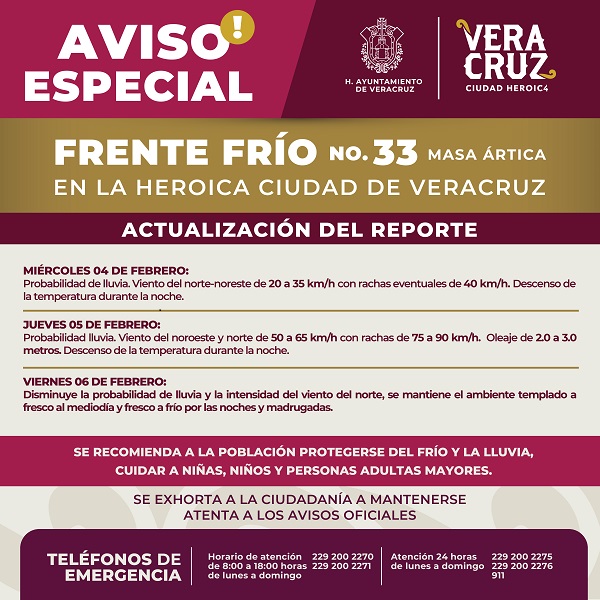 MANTIENE PROTECCIÓN CIVIL DE VERACRUZ AVISO ESPECIAL PREVIO A INGRESO DE FRENTE FRÍO NO.33