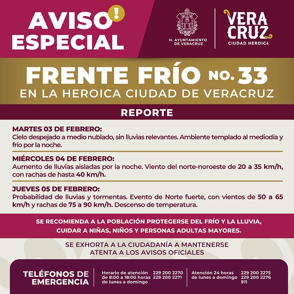 PREVÉ PC DE VERACRUZ NUEVO NORTE POR INGRESO DE FRENTE FRÍO NO.33 EL PRÓXIMO JUEVES