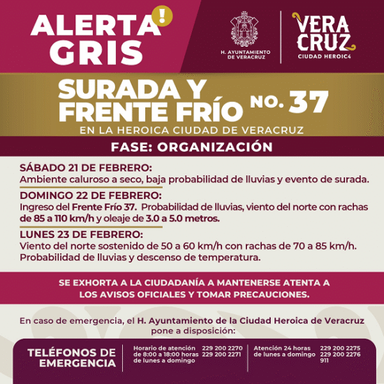 EMITE PC DE VERACRUZ ALERTA GRIS POR SURADA Y NORTE VIOLENTO ESTE FIN DE SEMANA EN LA CIUDAD
