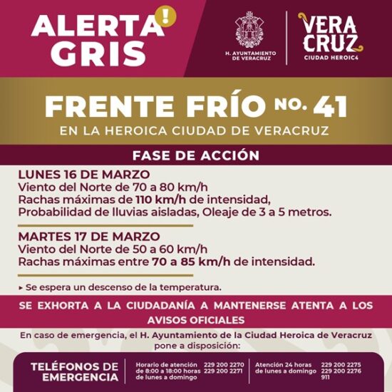 EMITE PC MUNICIPAL DE VERACRUZ ALERTA GRIS POR FRENTE FRÍO 41 Y FUERTES VIENTOS