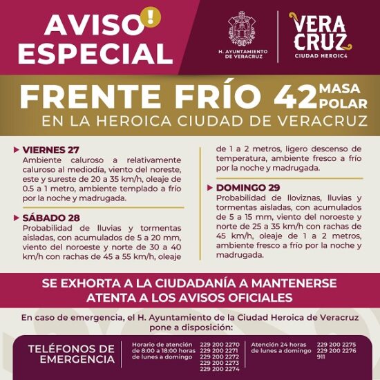 INGRESA FRENTE FRÍO 42 A LA CIUDAD DE VERACRUZ EL FIN DE SEMANA