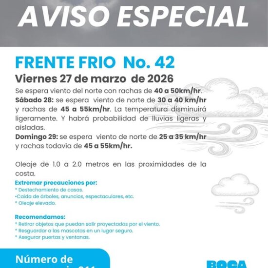 PROTECCIÓN CIVIL DE BOCA DEL RÍO EN ALERTA ANTE LAS CONDICIONES METEOROLÓGICAS POR EL FRENTE FRÍO NO. 42