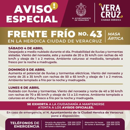 EXHORTA PC MUNICIPAL DE VERACRUZ A TOMAR PRECAUCIONES POR FRENTE FRÍO 43