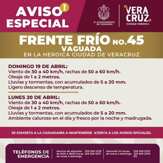 ANUNCIAN VIENTO Y LLUVIAS POR FRENTE FRÍO 45 EN LA CIUDAD DE VERACRUZ