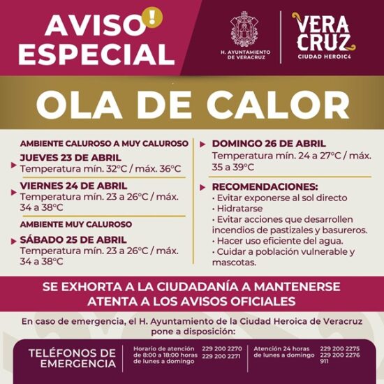 AYUNTAMIENTO DE VERACRUZ EXHORTA A LA POBLACIÓN A TOMAR PRECAUCIONES ANTE OLA DE CALOR