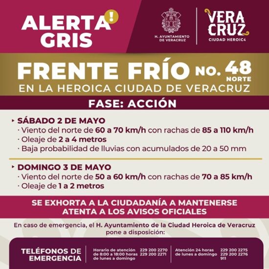 ALERTA GRIS POR FRENTE FRÍO 48 EN LA CIUDAD DE VERACRUZ