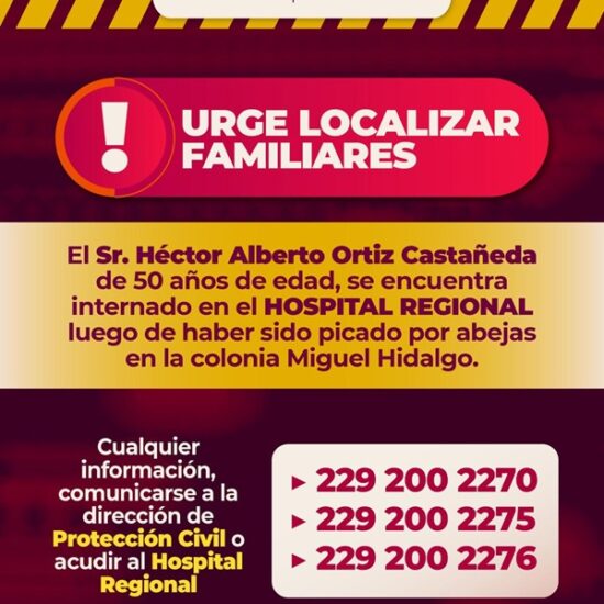SOLICITA AYUNTAMIENTO DE VERACRUZ APOYO PARA LOCALIZAR A FAMILIARES DE PACIENTE HOSPITALIZADO