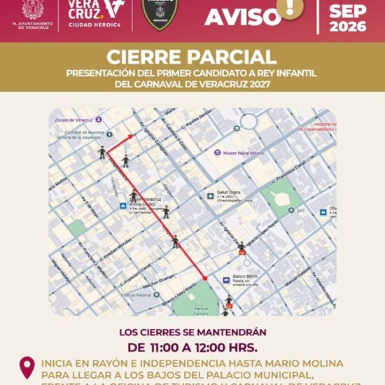 HABRÁ CIERRE VIAL ESTE MIÉRCOLES POR PAPAQUI DE PRIMER CANDIDATO A REY INFANTIL DEL CARNAVAL DE VERACRUZ 2027