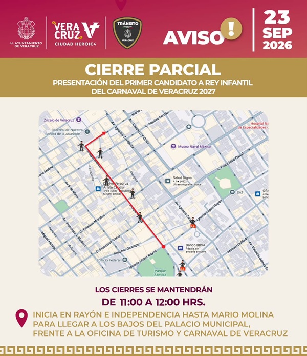 HABRÁ CIERRE VIAL ESTE MIÉRCOLES POR PAPAQUI DE PRIMER CANDIDATO A REY INFANTIL DEL CARNAVAL DE VERACRUZ 2027