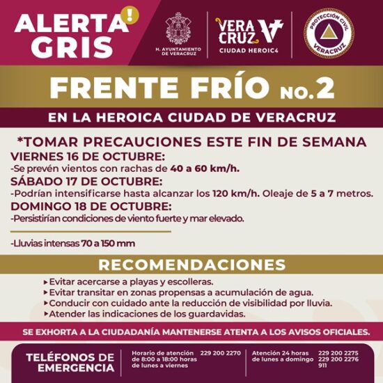 LLAMA AYUNTAMIENTO DE VERACRUZ A TOMAR MEDIDAS PREVENTIVAS POR LLUVIAS Y VIENTOS DEL NORTE