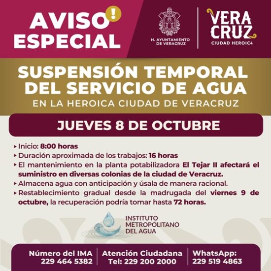 EXHORTA IMA A ALMACENAR AGUA ANTE SUSPENSIÓN TEMPORAL DEL SERVICIO ESTE 8 DE OCTUBRE