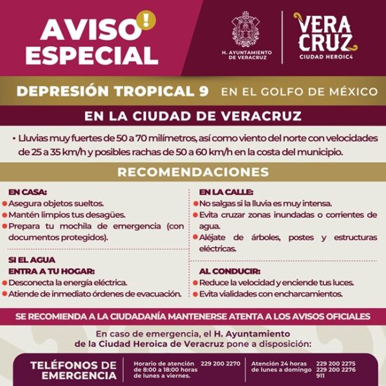 EXHORTA AYUNTAMIENTO DE VERACRUZ A EXTREMAR PRECAUCIONES ANTE DEPRESIÓN TROPICAL 9