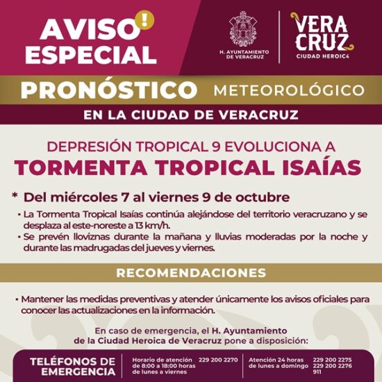 MANTIENE AYUNTAMIENTO DE VERACRUZ VIGILANCIA ANTE TORMENTA TROPICAL ISAÍAS