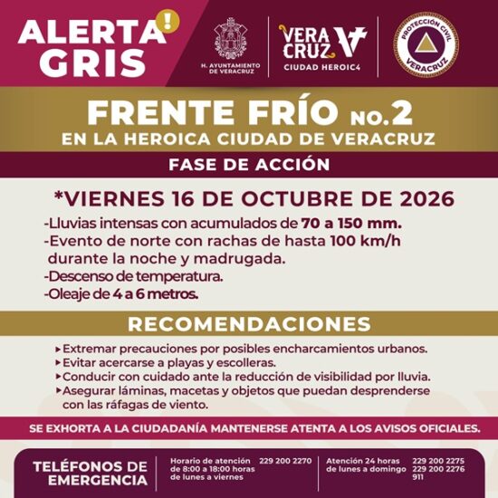 MANTIENE AYUNTAMIENTO DE VERACRUZ MONITOREO POR FRENTE FRÍO 2 Y EXHORTA A LA POBLACIÓN A EXTREMAR PRECAUCIONES